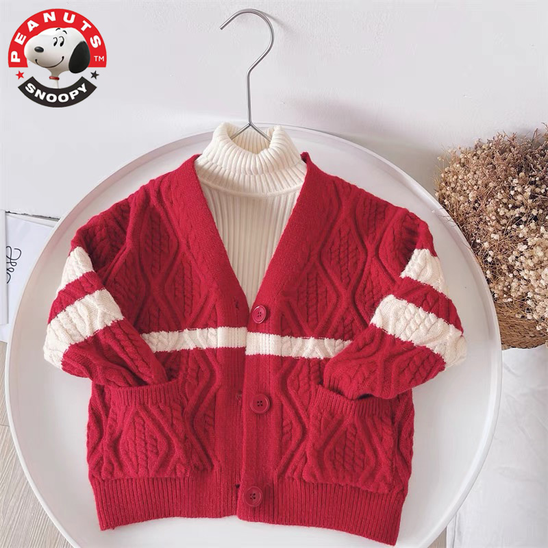 Snoopy/史努比儿童男童女童半高领新年红色真知开衫毛衣