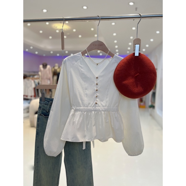 B韩国原单X 东大门韩版气质收腰显瘦排扣设计感知性V领衬衫9435现