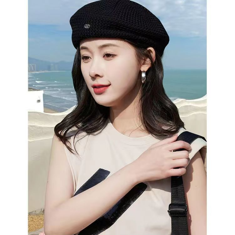 贝雷帽春夏款透气棉麻镂空设计时尚百搭现气质休闲女针织贝雷帽