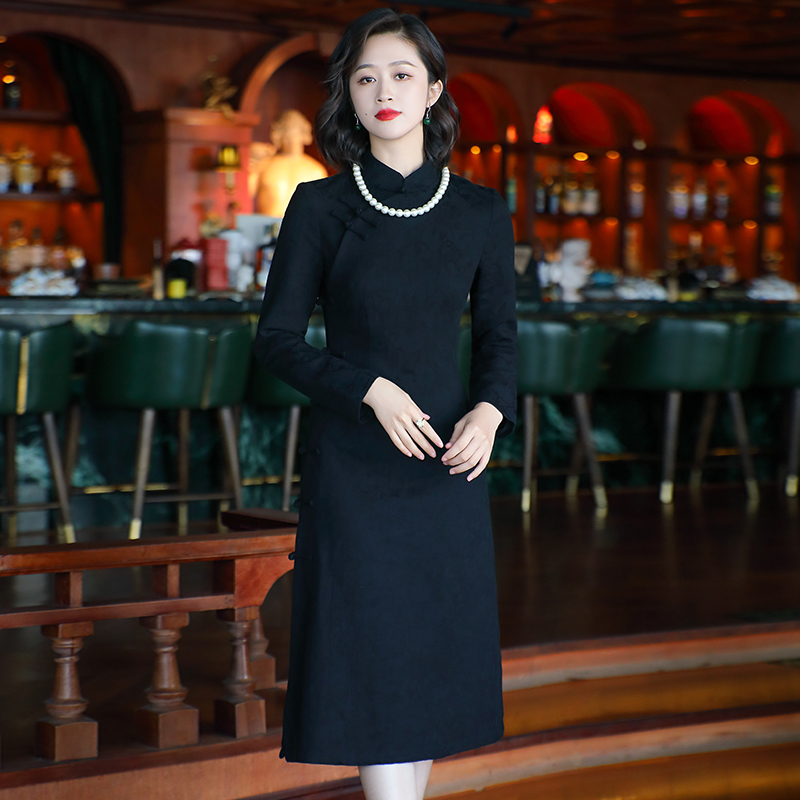 全开襟旗袍秋季新款复古中国风黑色日常改良连衣裙24320