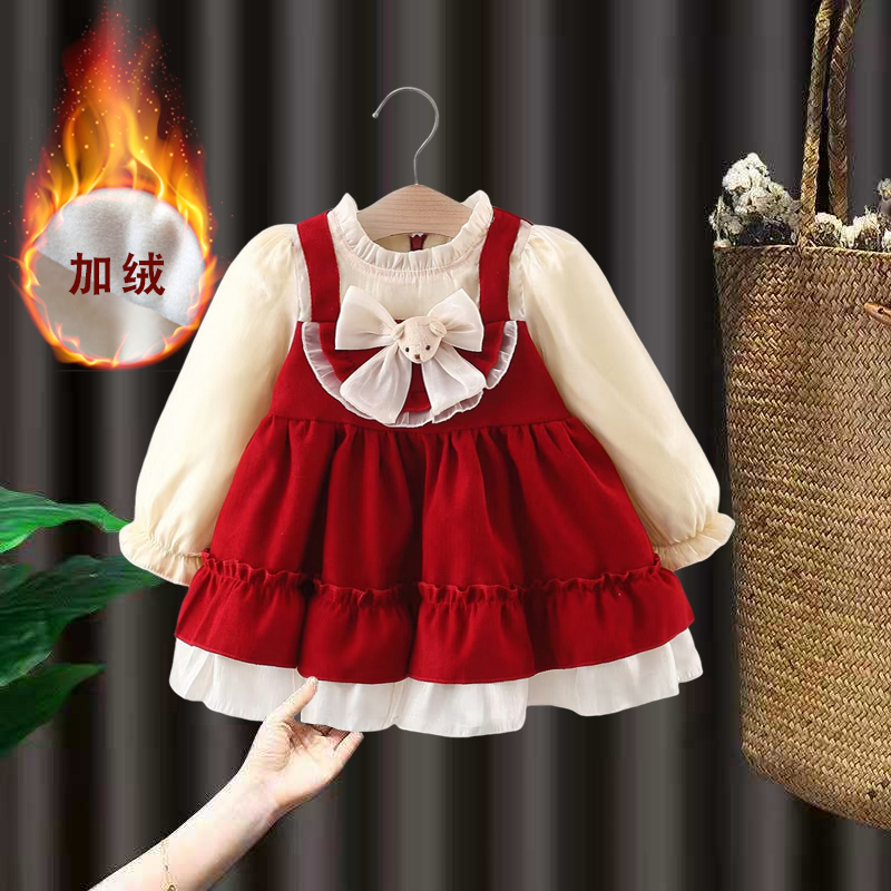 女童加绒连衣裙2023秋冬新款周岁女宝宝礼服洛丽塔婴生日儿公主裙