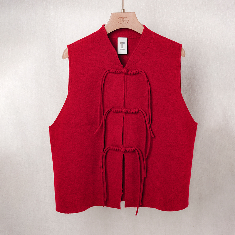 TALMUS/塔拉牧丝秋冬季时尚羊绒纯色女士中式领马夹中国风复古