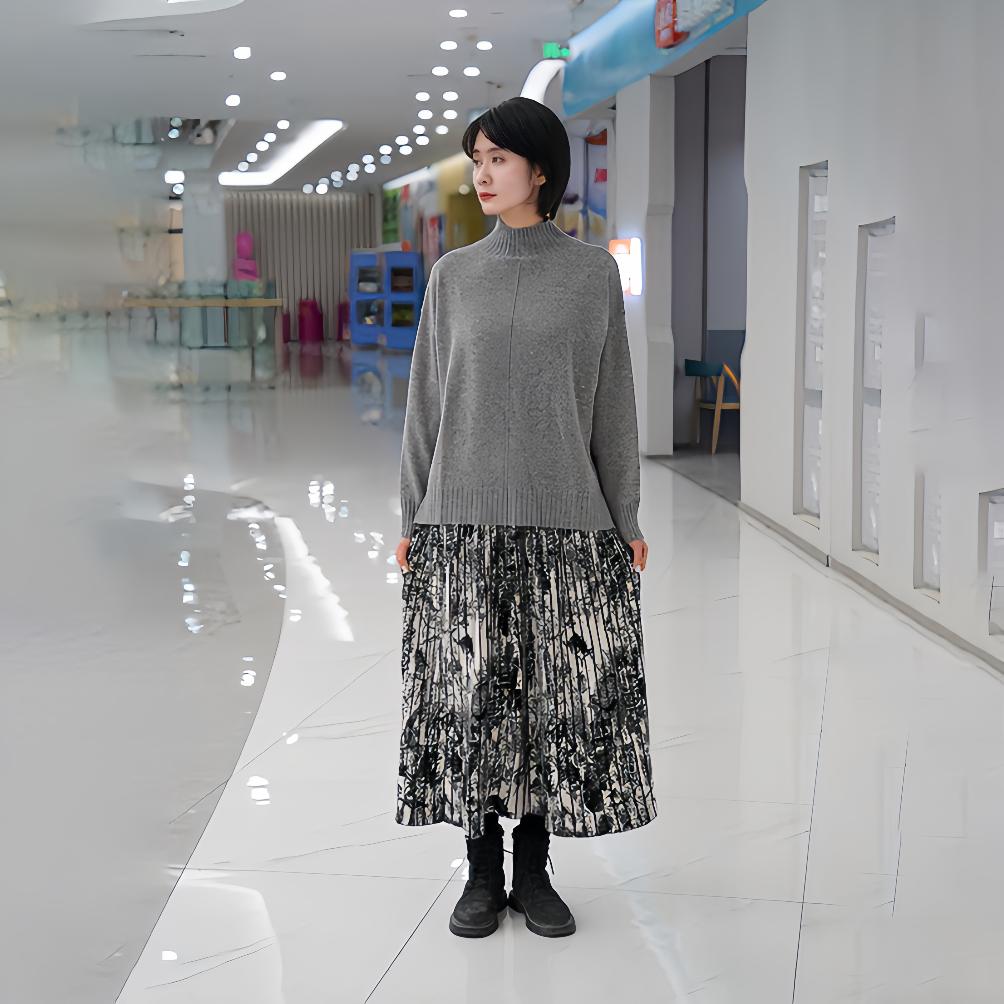 TALMUS/塔拉牧丝秋冬季时尚百搭气质女士宽松羊绒水墨画半身裙