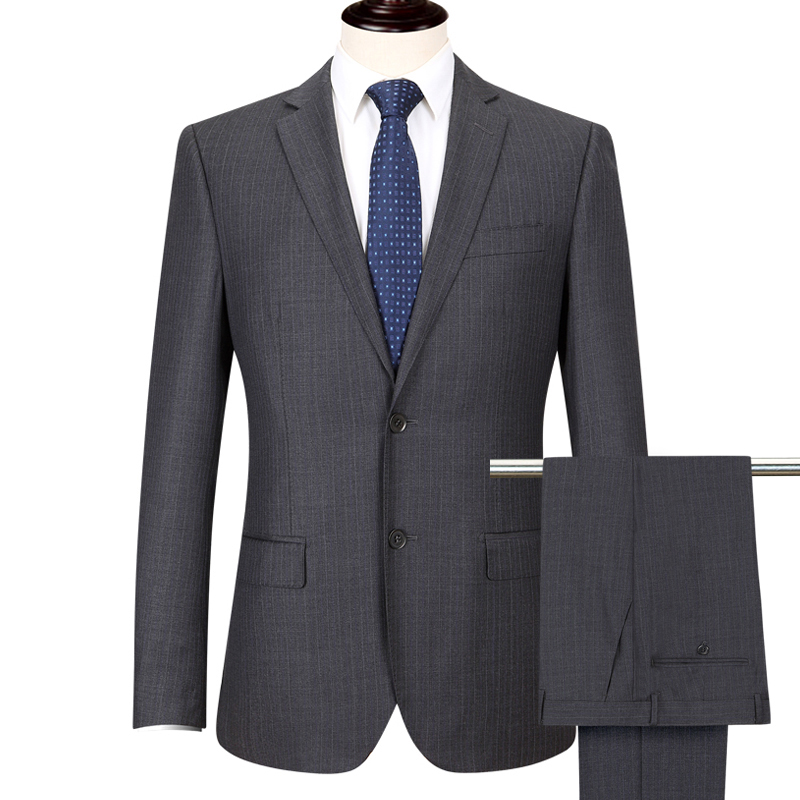 新款深灰色条纹男士西服套装商务高档西装男羊毛蚕丝条纹西服套装