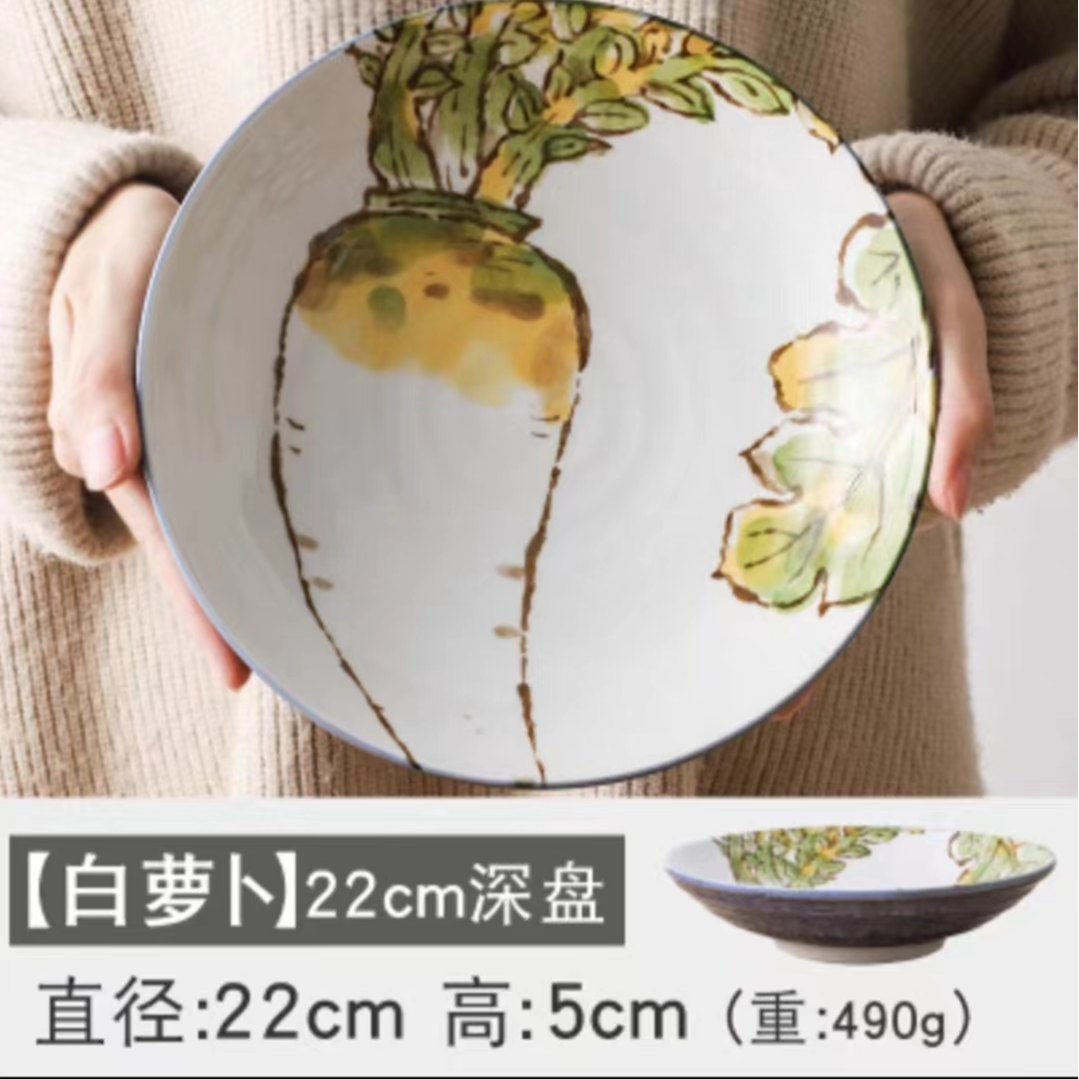 日本进口美浓烧高温釉下彩包邮8.5寸蔬菜田园风70深盘Φ22×5cm