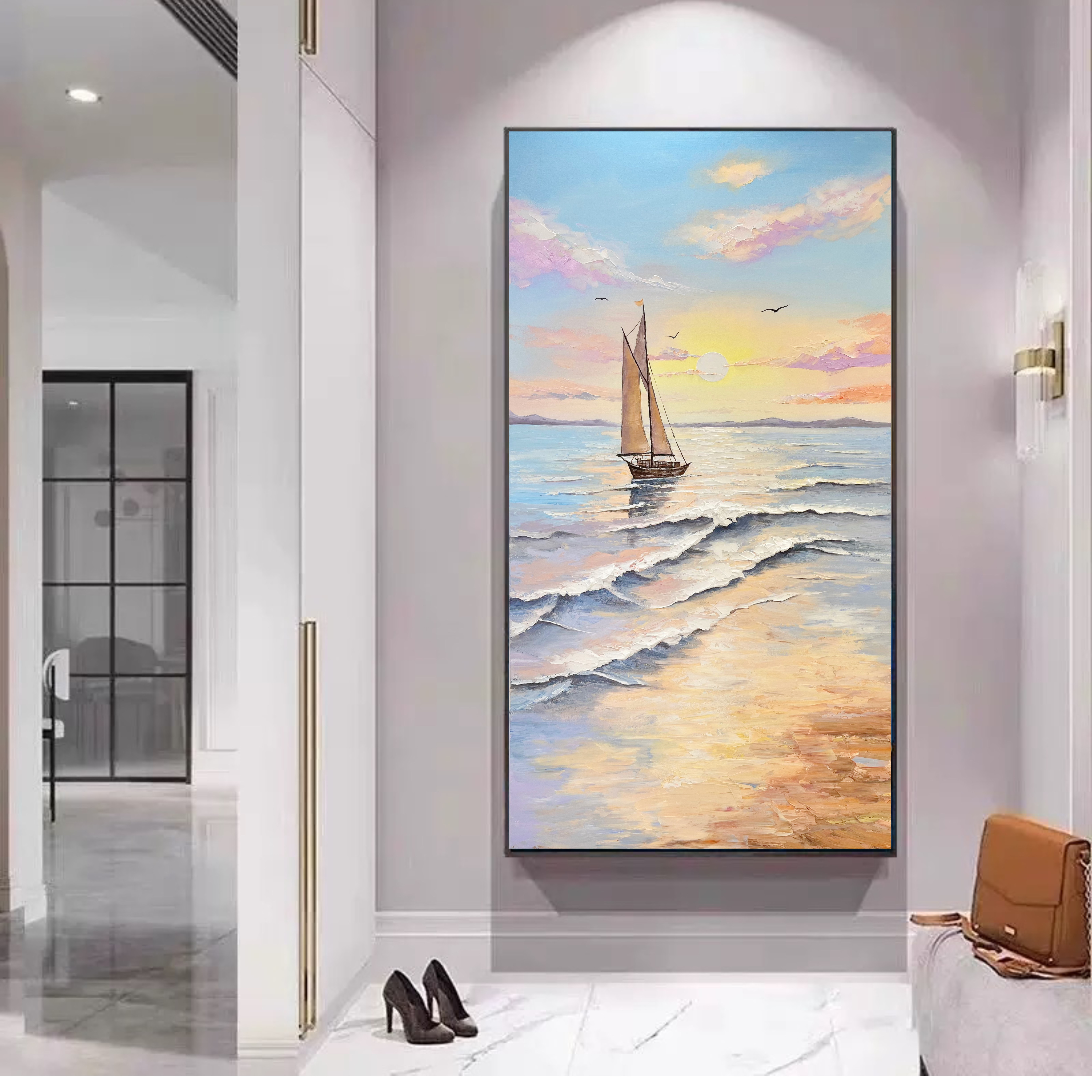 《阳光海浪》新款现代简约轻奢纯手绘油画玄装简饰画走廊过道厅竖版