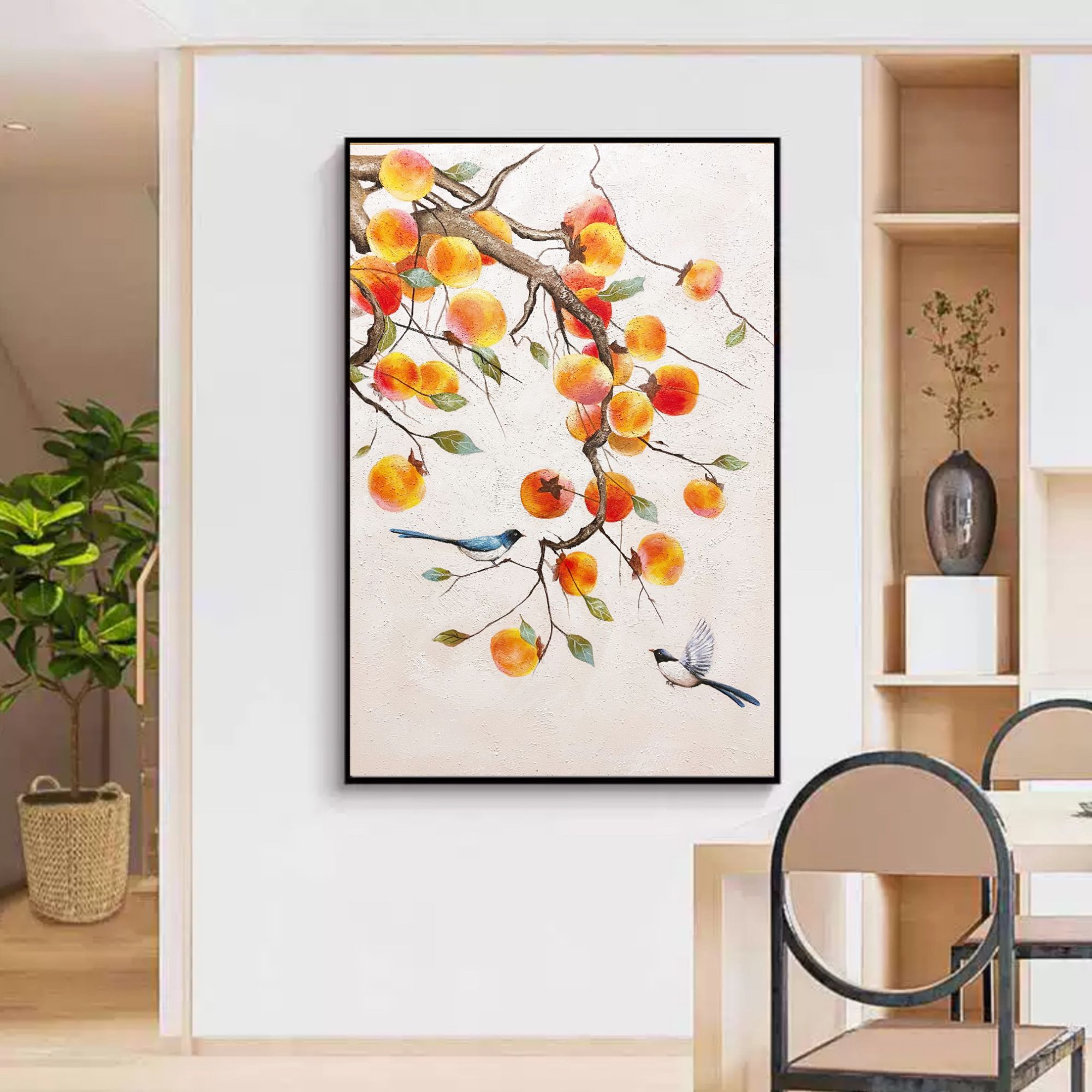 《喜柿连连》新中式手绘油画玄关装饰画高级感走廊过道挂画简约挂画