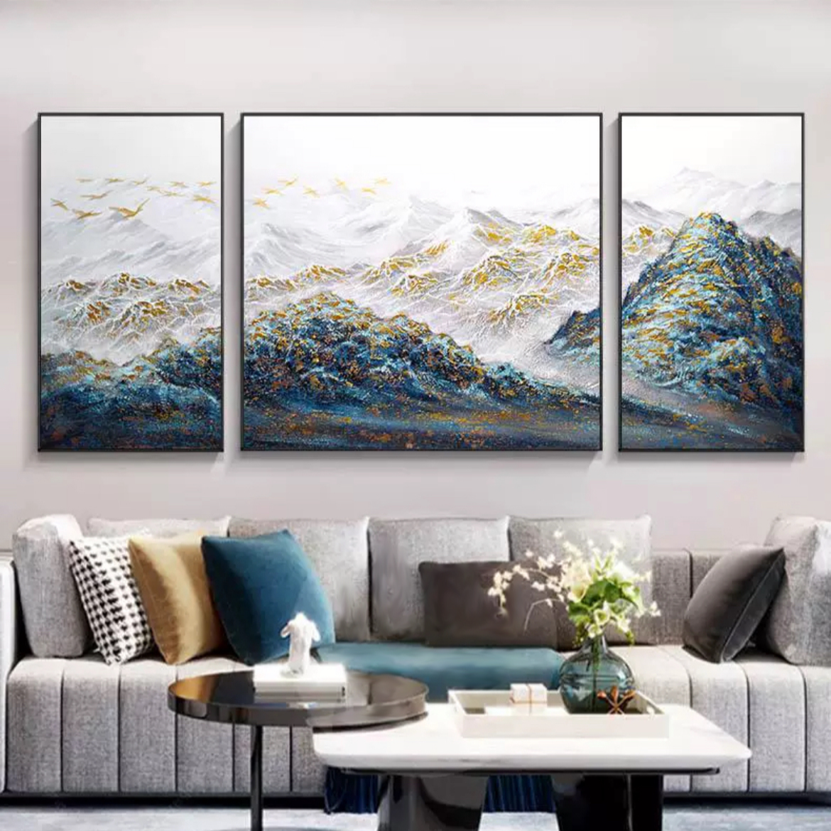 《孔雀蓝金山》纯手绘油画手工装饰画轻奢玄关画餐厅尺寸定做挂画
