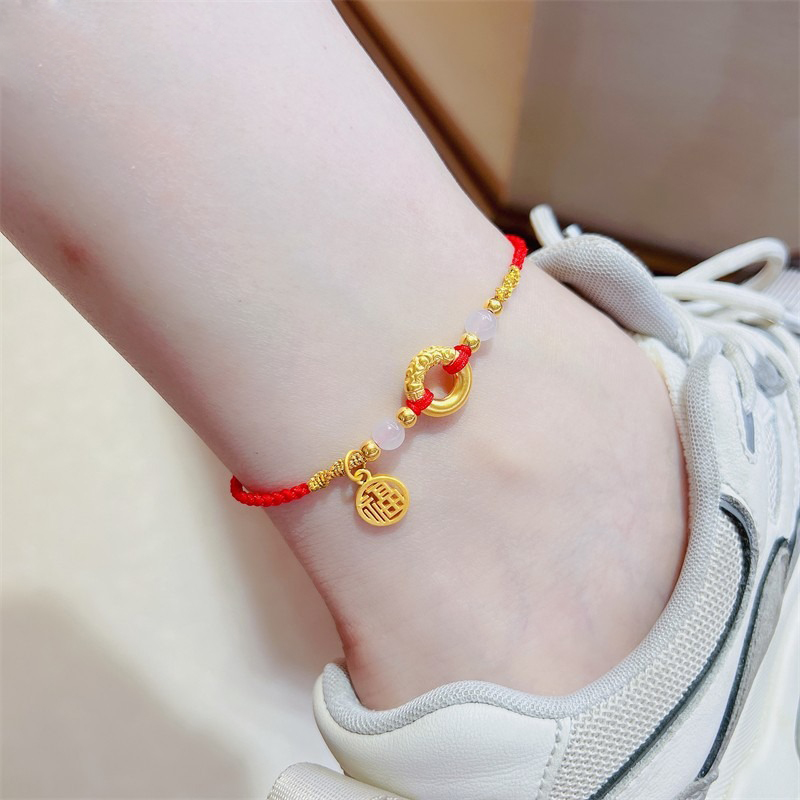黄金小福牌转运珠编织平安祥云素圈 足金999本命年红绳脚链女礼物