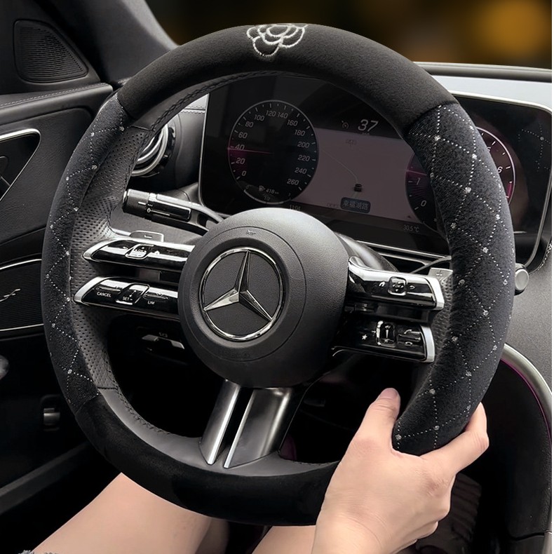 冬季新款汽车方向盘套茶花小香风毛绒冬天保暖把套女性款