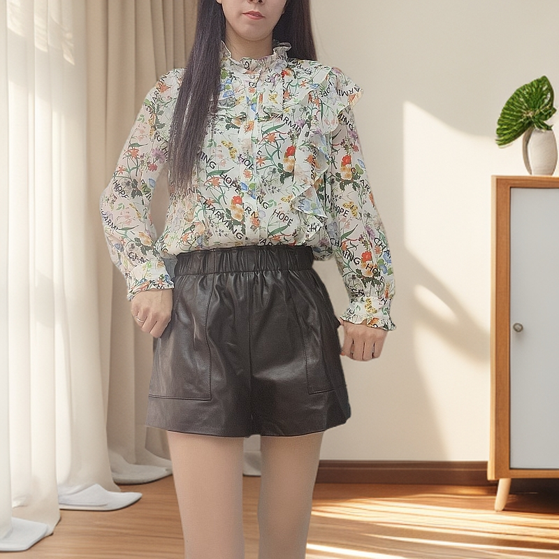 松紧腰头层半身女真皮短裤显瘦百搭洋气时尚黑色韩版A字气质网红