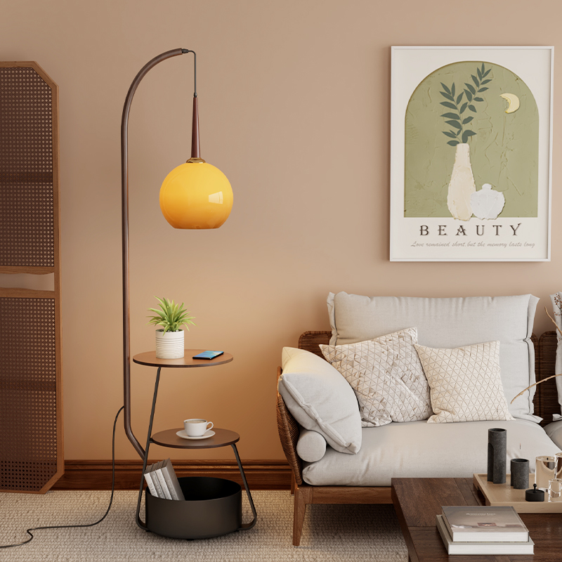 光艺客厅沙发卧室床头落地灯轻奢简约中古风充电柚子茶几置物台灯