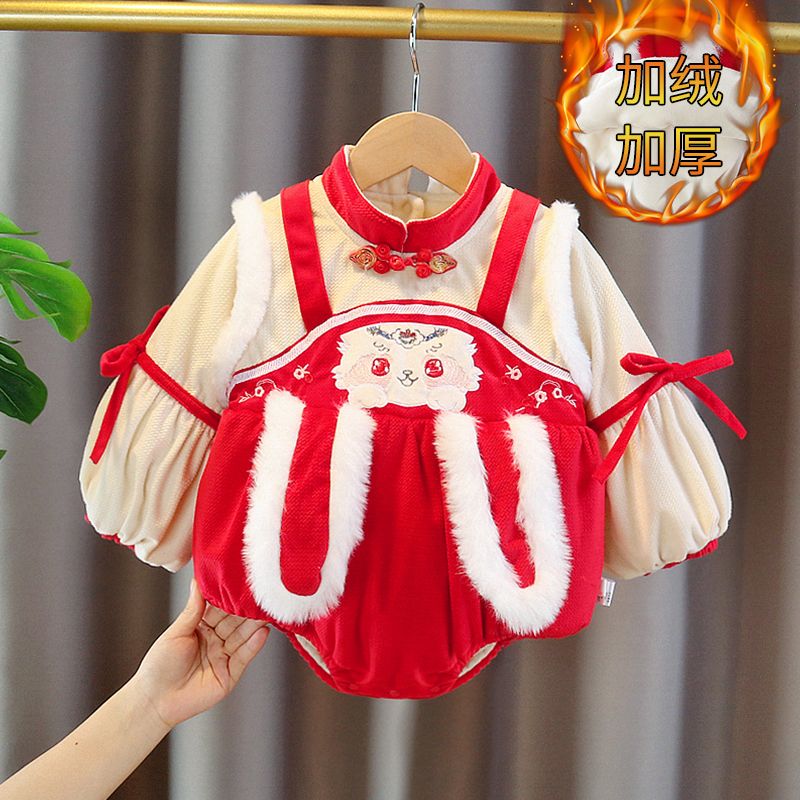 婴儿新年服秋冬宝宝加厚儿童加潮中国风拜年服冬季三角爬连体服