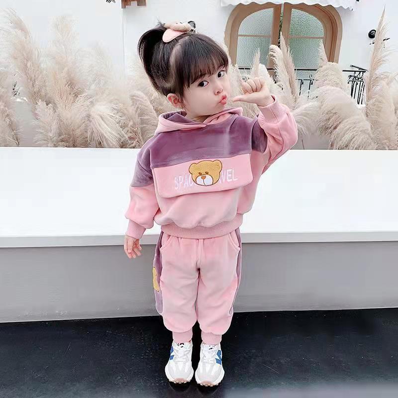 女童运动套装加绒加厚2023新款秋冬儿童潮流两件套时髦女宝宝冬装