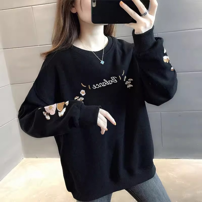 欧米朵胖mm宽松刺绣卫衣女春秋大码遮肉显瘦加绒长袖上衣外套女装