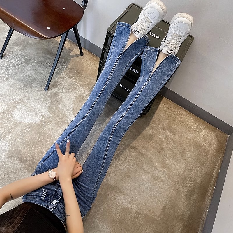 欧米朵复古蓝牛仔裤女春秋新款高腰显瘦修身弹力开叉拖地微喇叭裤