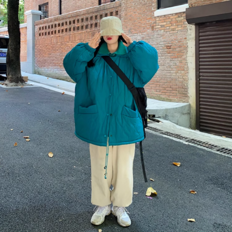 欧米朵短款菱格棉服外套女冬学生韩版宽松加绒加厚棉衣棉袄面包服