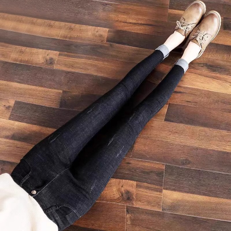 欧米朵秋冬紧身显瘦高腰小脚裤女小个子九分牛仔裤黑色薄绒加绒裤