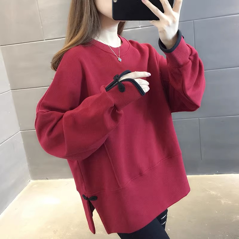 欧米朵中国风加绒卫衣女秋装新款小众设计感洋气百搭宽松韩版上衣