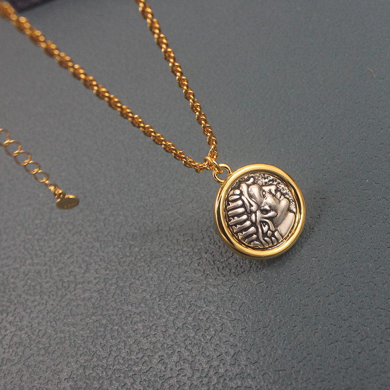 铜合金项链 古希腊神话古币头像圆牌浮雕手工双面佩戴项链毛衣链