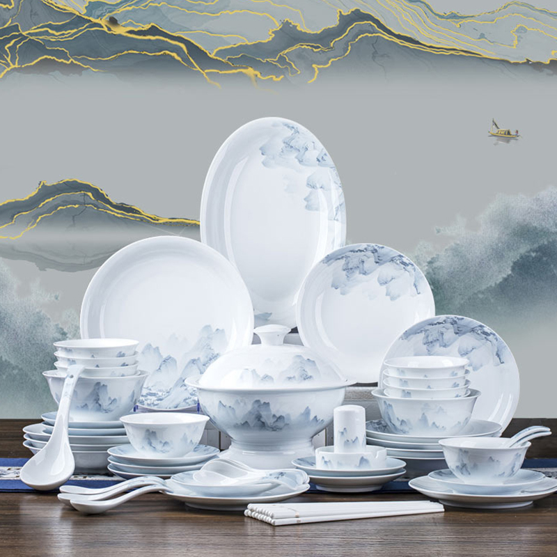 景德镇高白泥陶瓷千里江山60头餐具套装家用中式碗碟盘轻奢高档