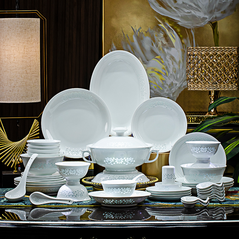 景德镇高白泥缠枝玲珑莲白釉80头餐具套装家用中式餐具套装乔迁礼
