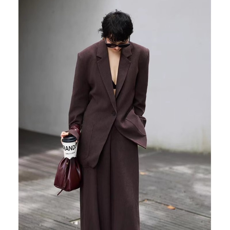 时髦精老钱风西装套装女2025春秋极简休闲宽松廓形外套长裤两件套