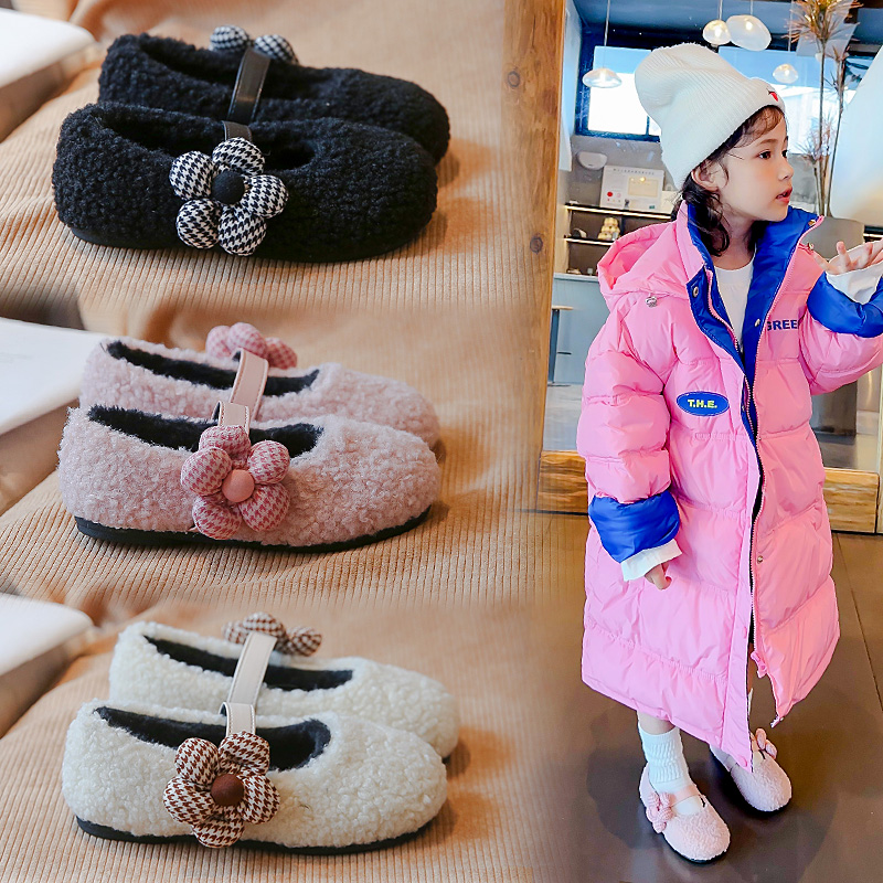 ABCYEEF女童毛冬季新款时尚可爱花朵加绒儿童棉鞋女孩软底豆豆鞋