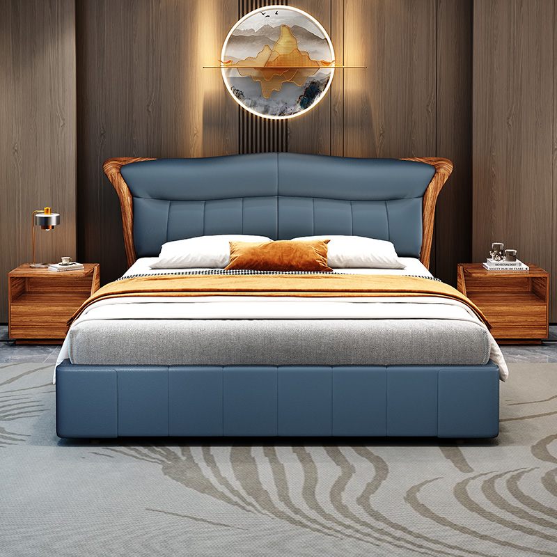 新中式乌金木真皮双人床现代简约主卧室储物高箱床实木1.8米婚床