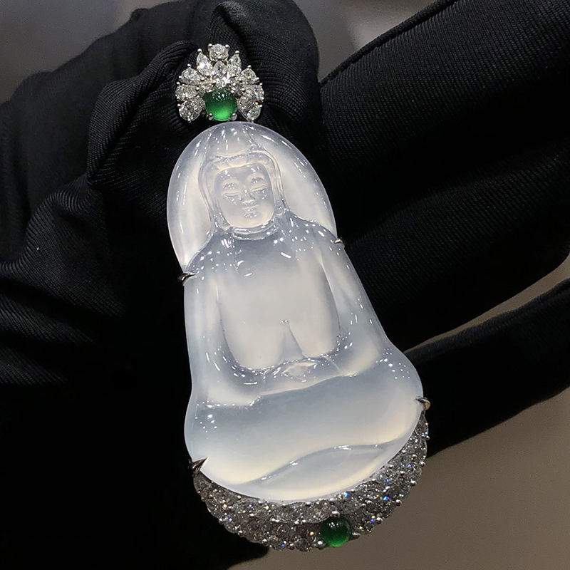 哈妮珠宝 天然翡翠a货18k金镶嵌高冰种水观音吊坠白冰