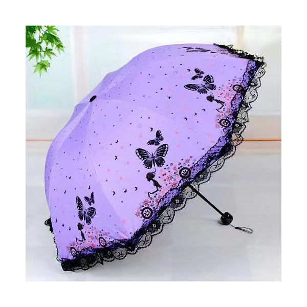 蝴蝶蕾丝印花遮阳伞晴雨两用伞三折抗风防晒伞黑胶折叠伞防紫外线