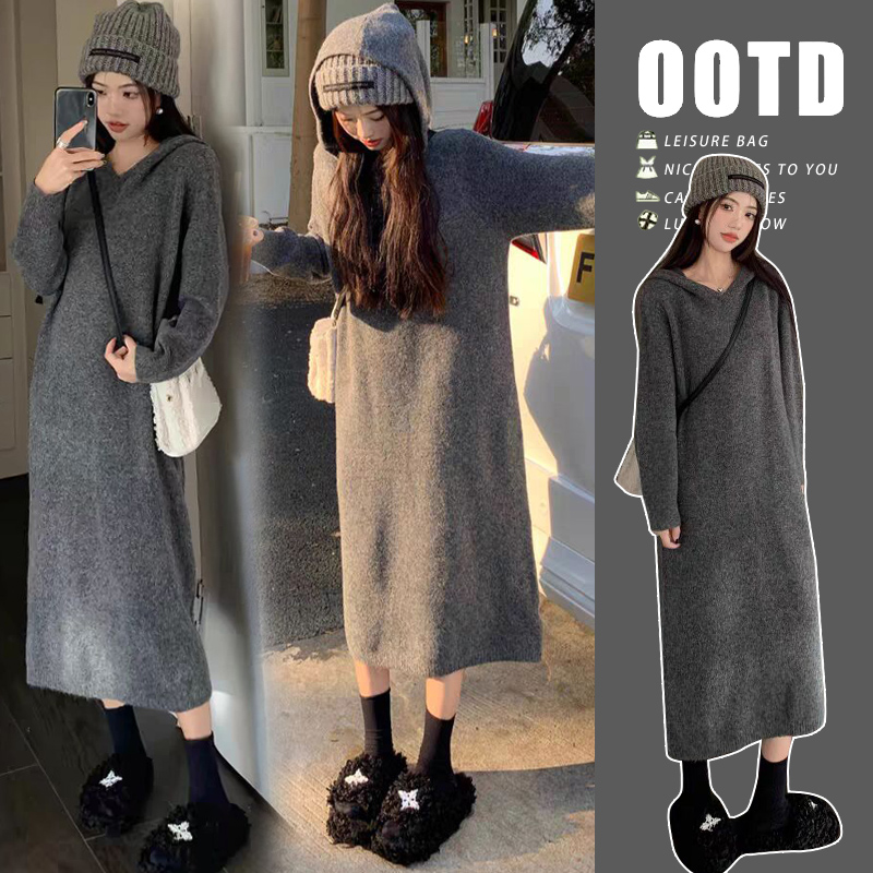 孕妇装秋冬新款软糯中长款连帽中长款毛衣裙女内搭叠穿显瘦连衣裙