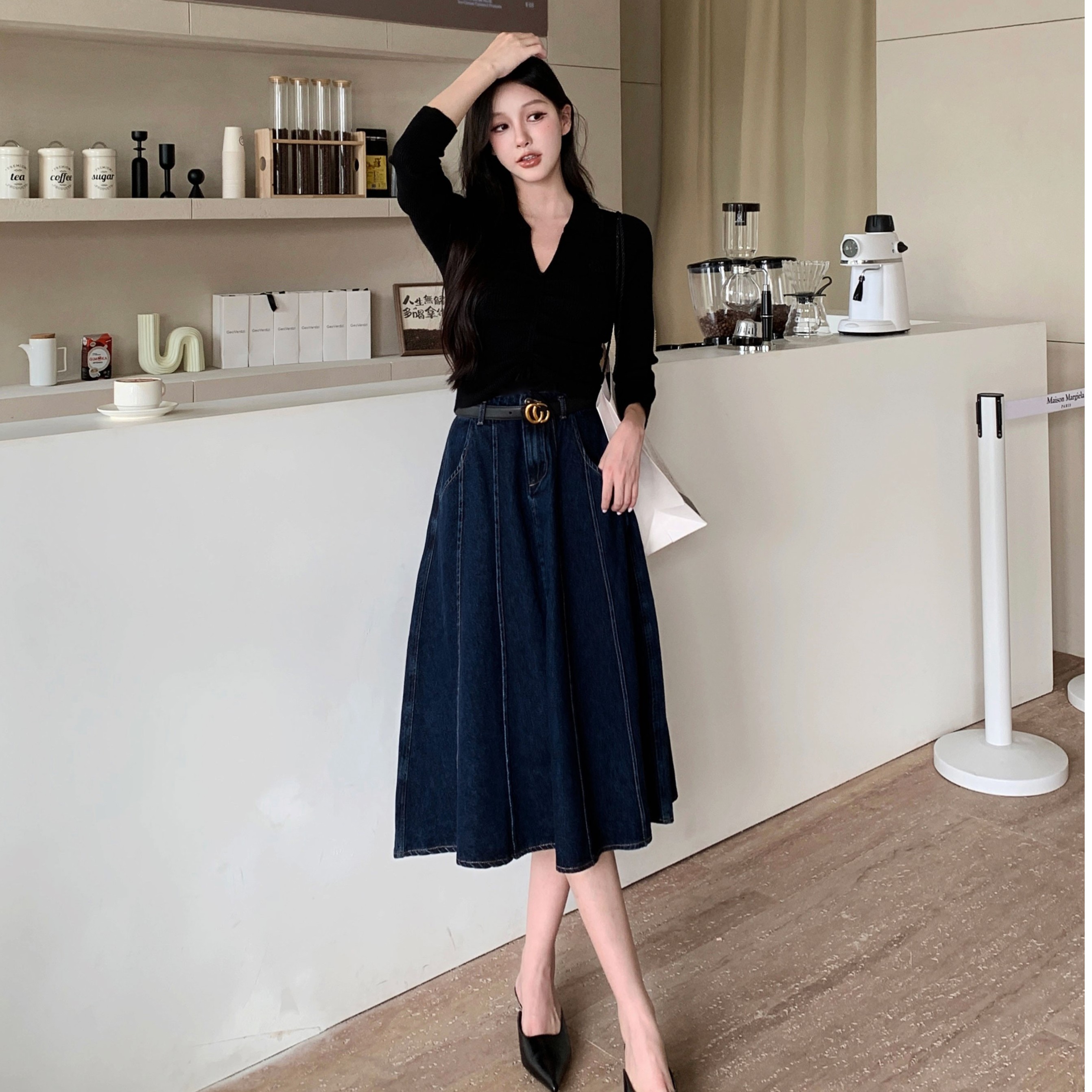 深蓝色女装中长裙复古百搭宽松时尚网红显瘦秋季A字牛仔半身裙子