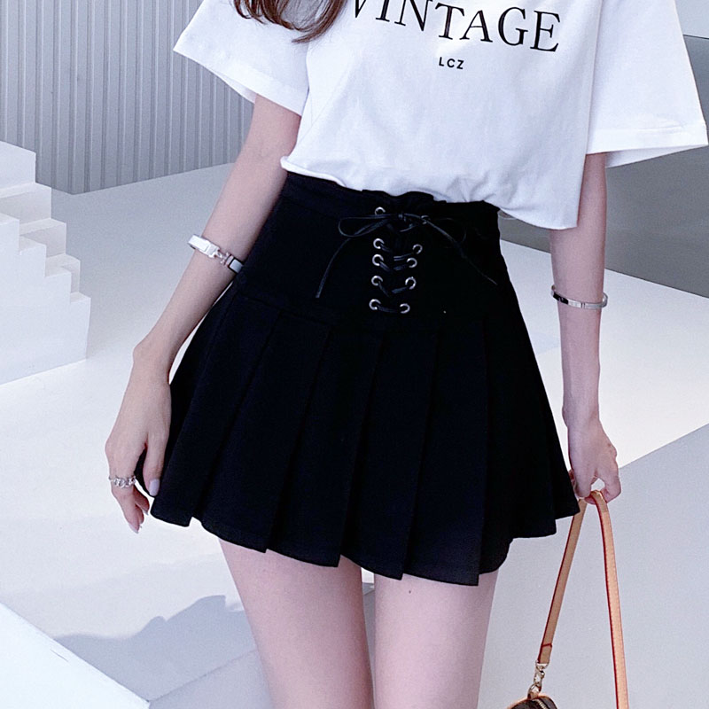 黑色短裙夏季新款防走光高腰a字绑带修腰百褶裙牛仔显瘦半身裙A字