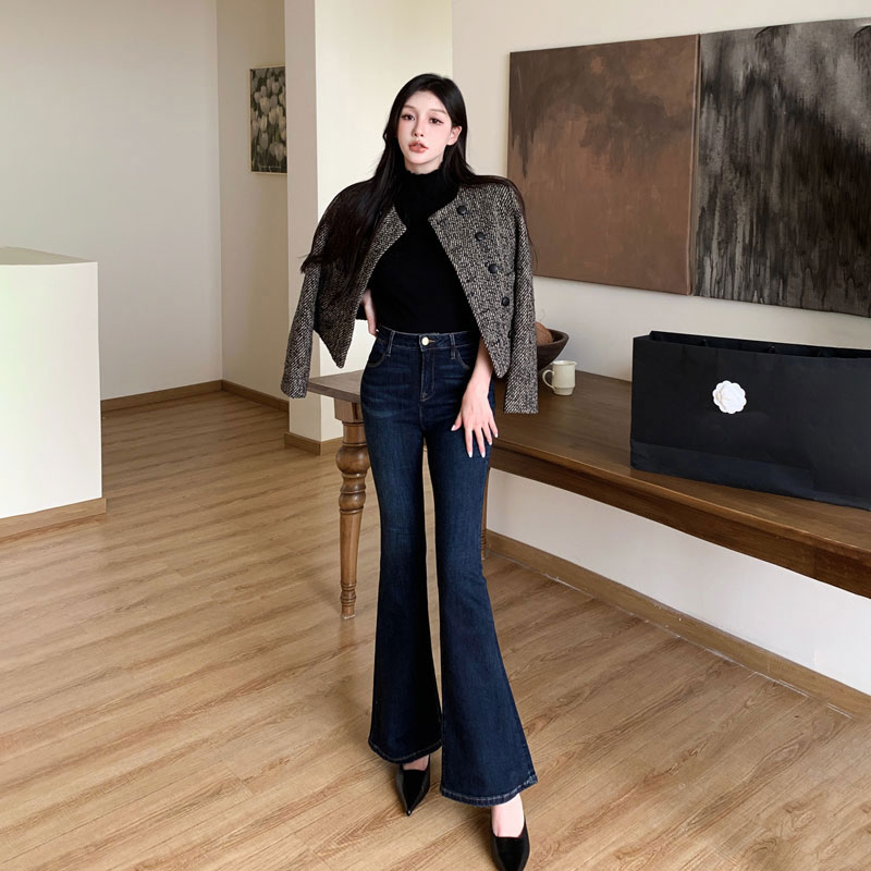 深蓝色微喇牛仔裤女高腰2025春秋新款显瘦水洗弹力紧身马蹄喇叭裤
