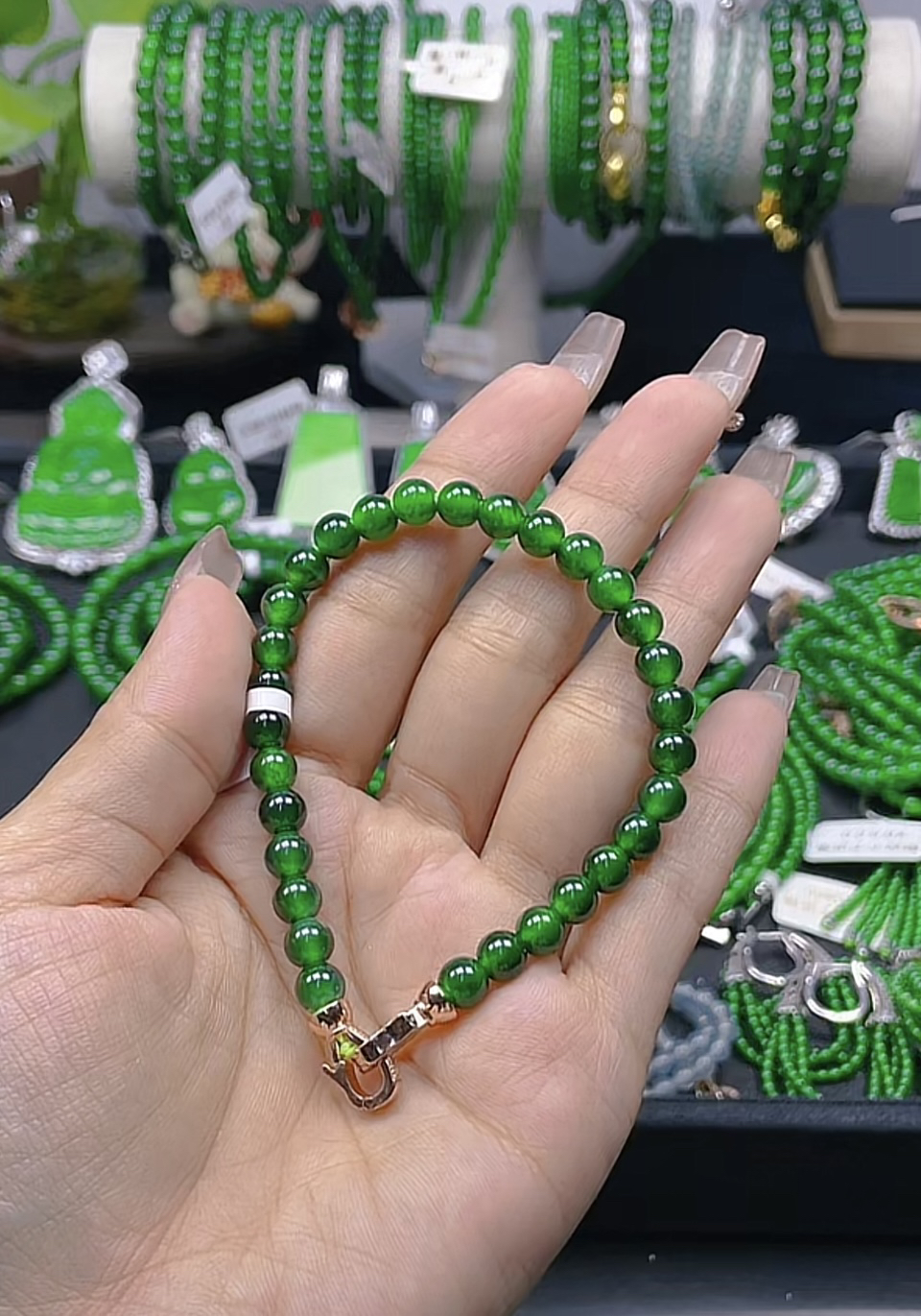 天然A货翡翠 卡6手链 高冰阳绿