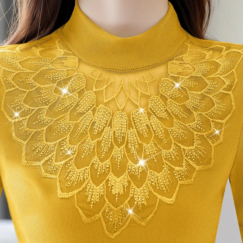 加绒半高领蕾丝打底衫女秋冬中年妈妈内搭小衫长袖女上衣时尚外穿