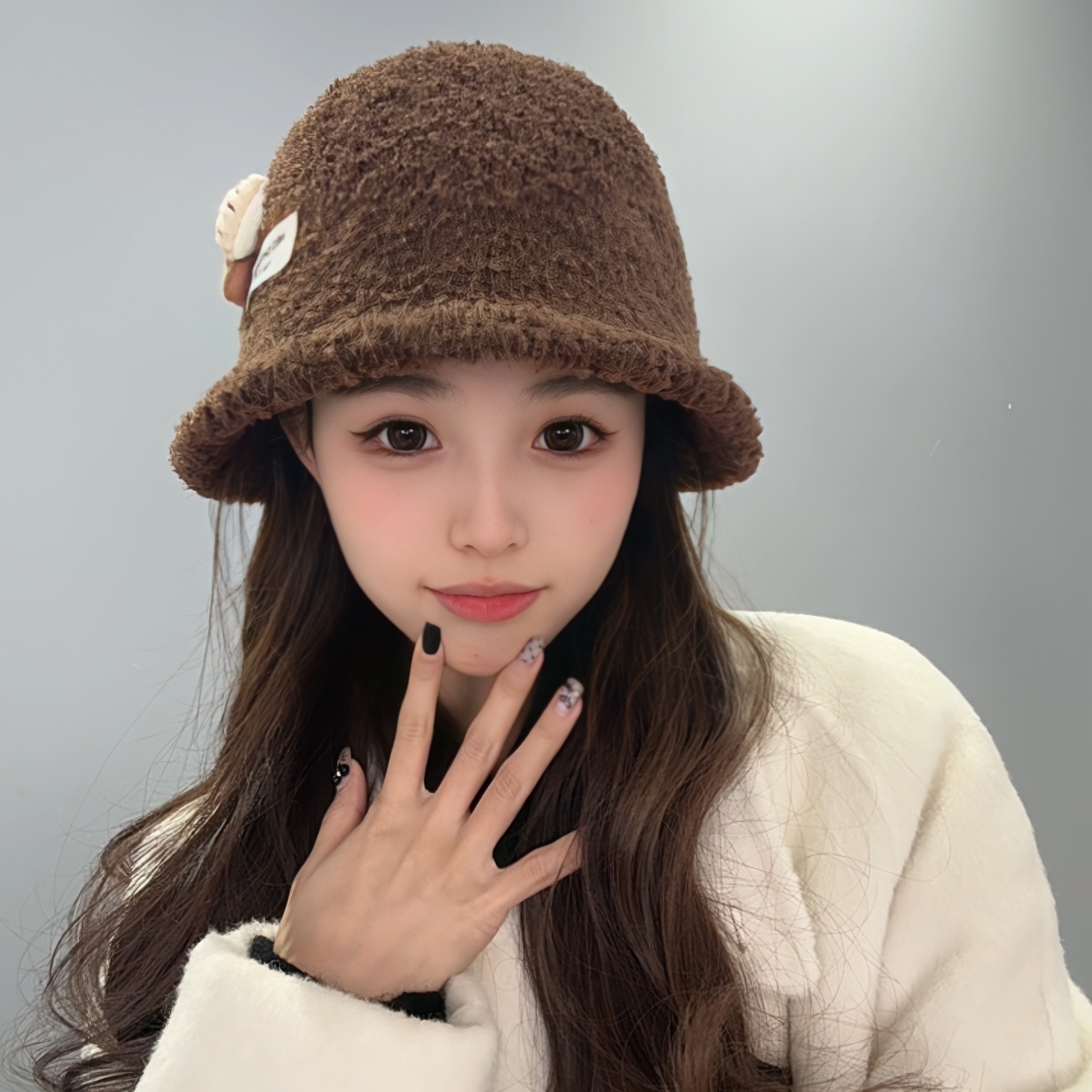 大头围女式立体小蘑菇羊羔绒保暖毛绒加厚成人显脸小秋冬韩版