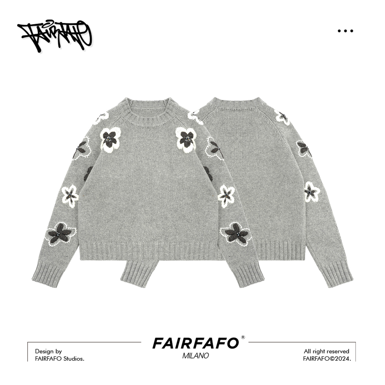 FAIRFAFO林肉肉【灰色花朵圆领毛衣】MK24MY792时尚百搭秋冬套头