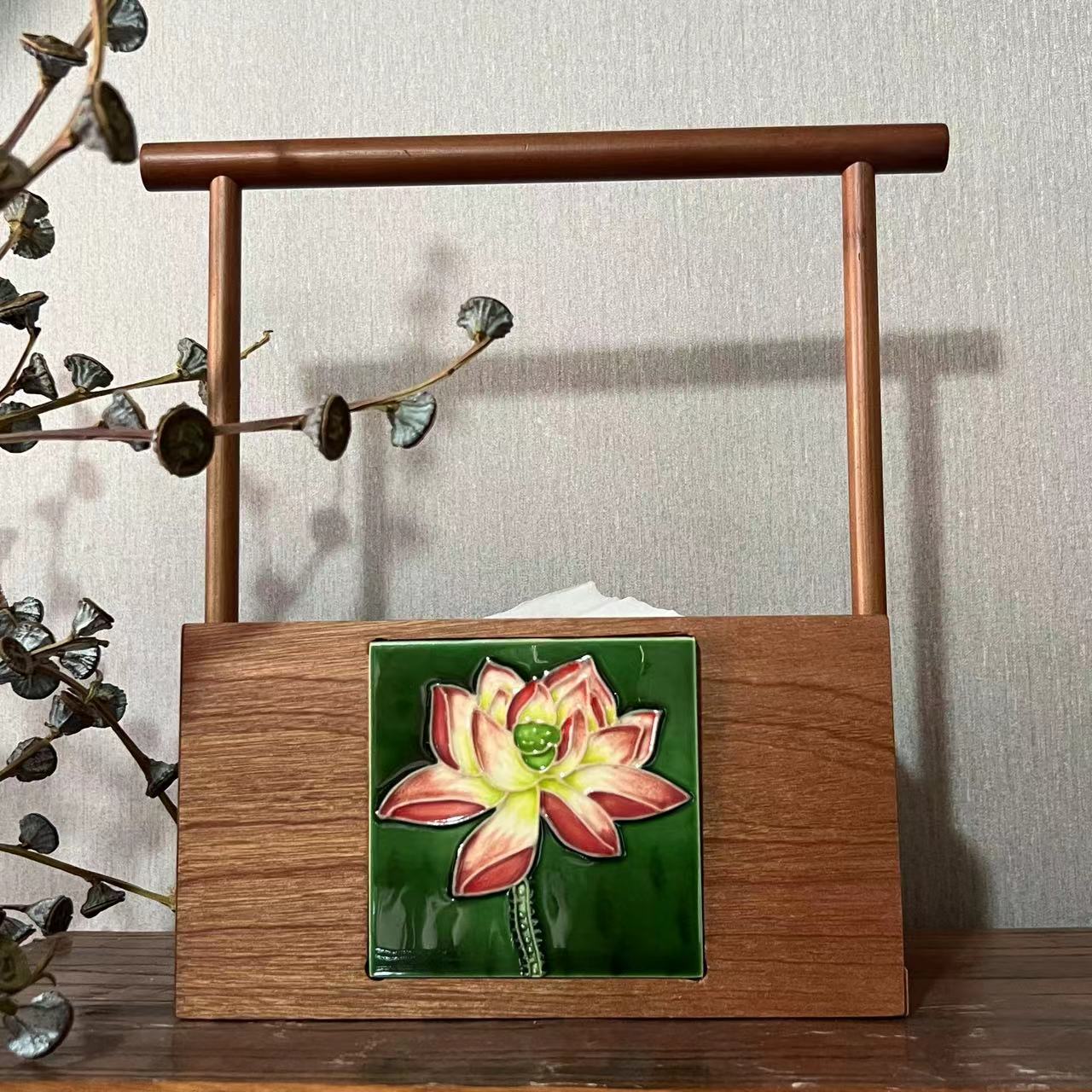 【赫颖】精美提梁纸巾盒--22*31*13.5桌面装饰品新中式陶瓷纯手工