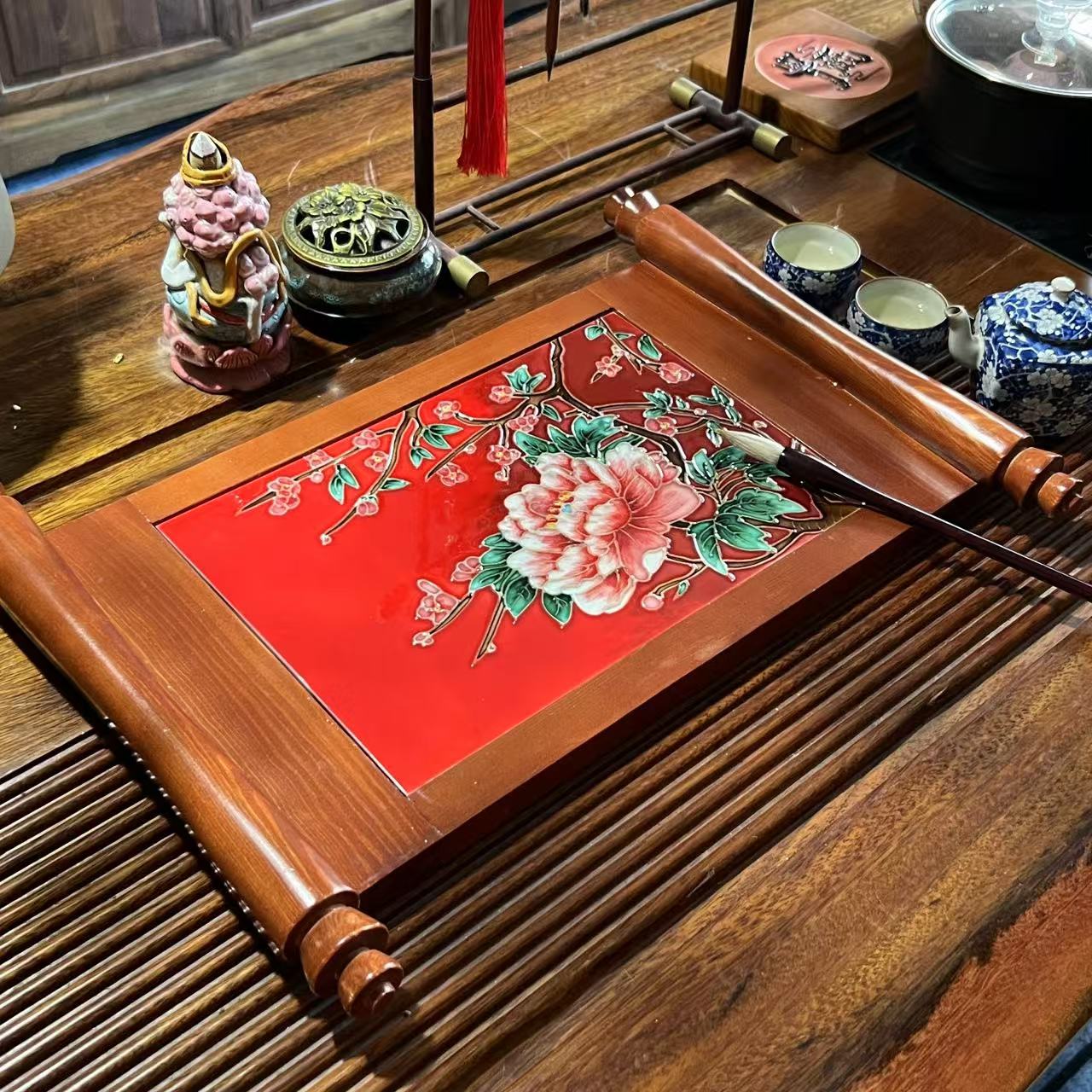 【赫颖】新中式创意卷轴茶盘茶空间手绘复古国风家居摆件家用茶室