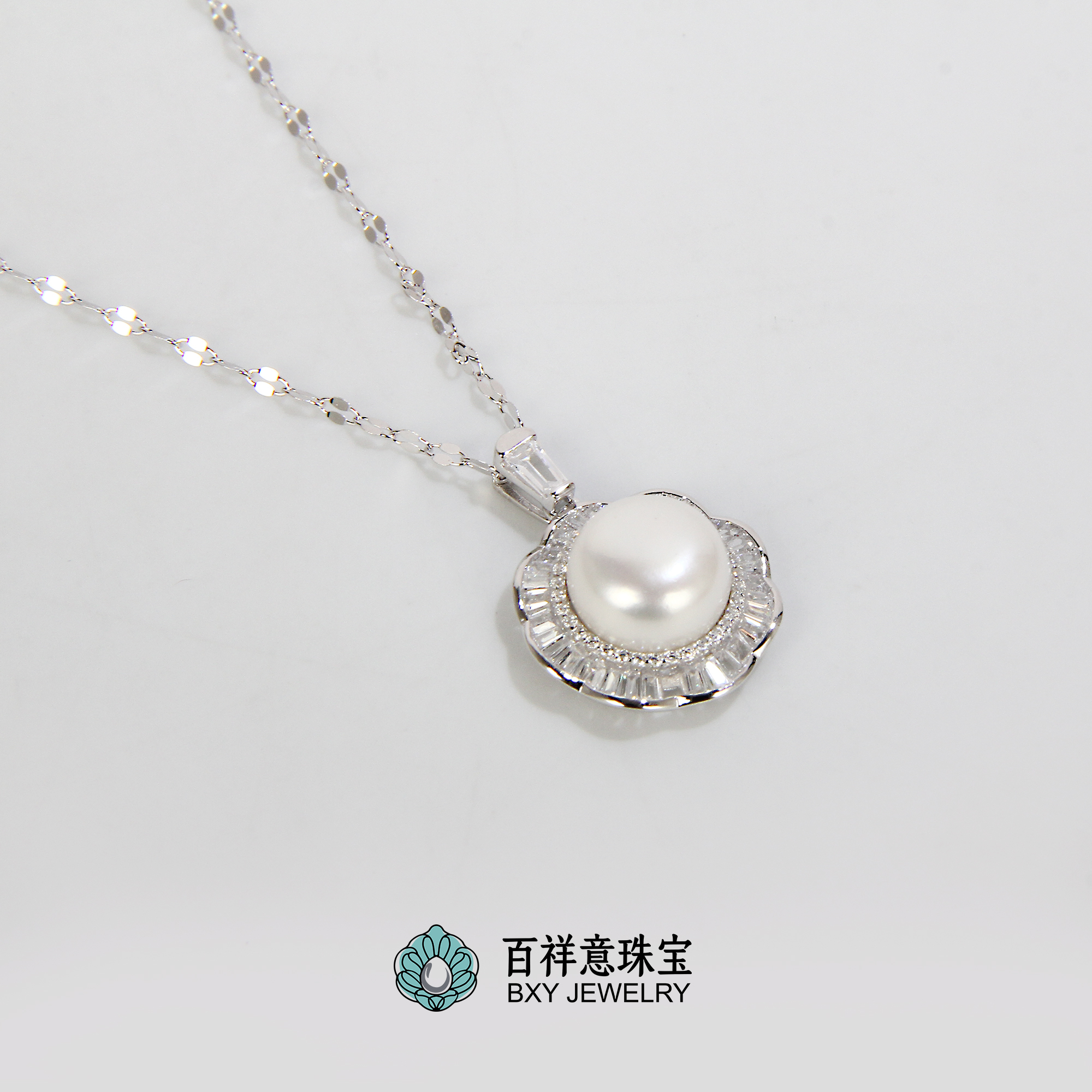 【大白花朵】通体S925银链+ 10-11mm珍珠吊坠项链