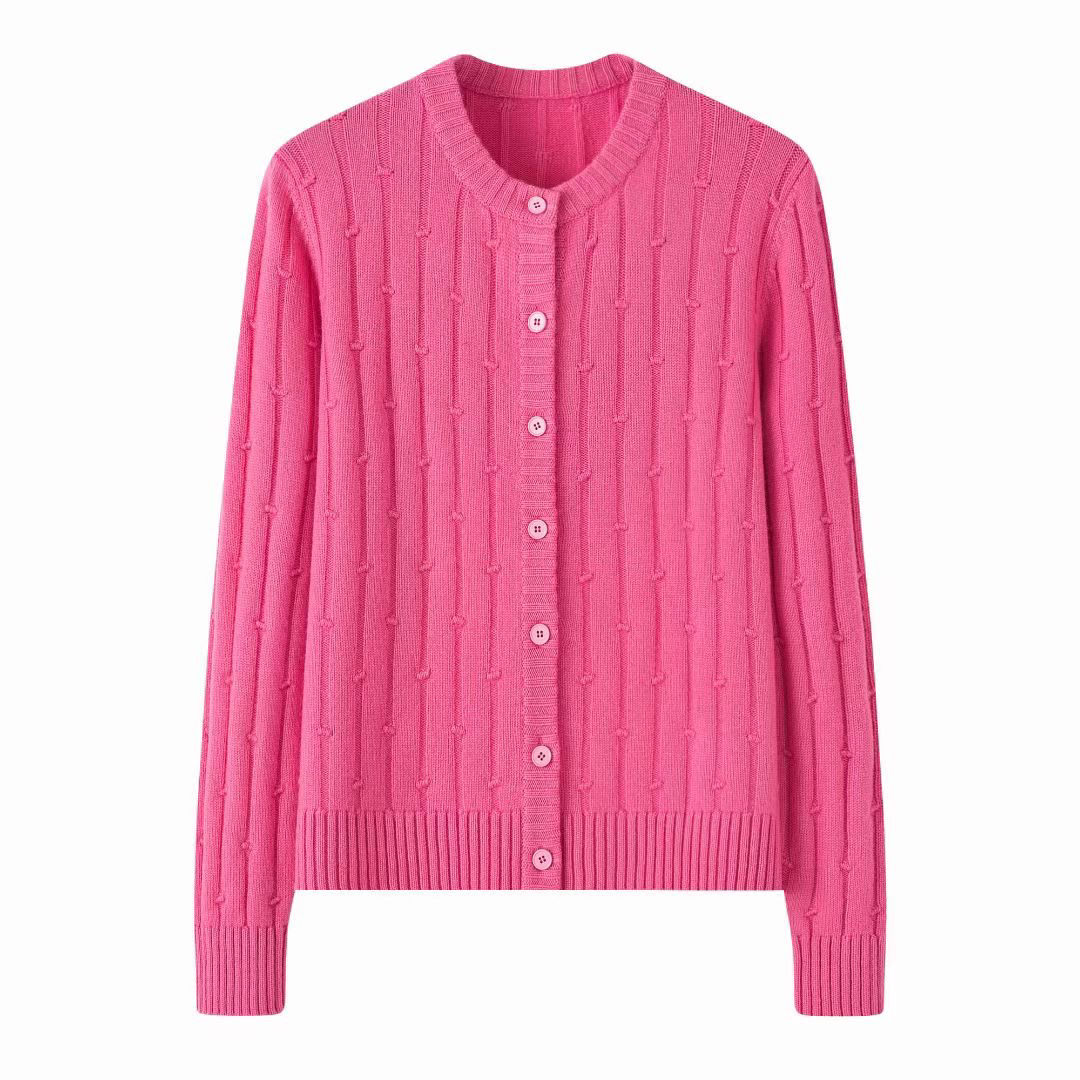 秋冬装新上女士羊绒衫圆领加厚竖条针织对襟开衫休闲简约羊绒毛衣