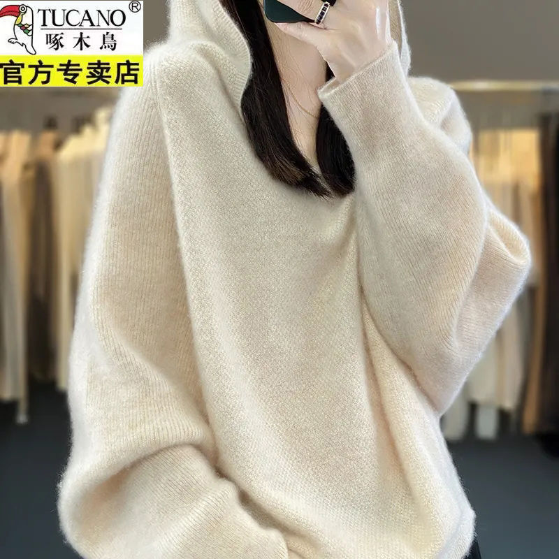 啄木鸟高端帽衫羊毛衫女秋冬季新款连帽针织加厚保暖外穿简约打底