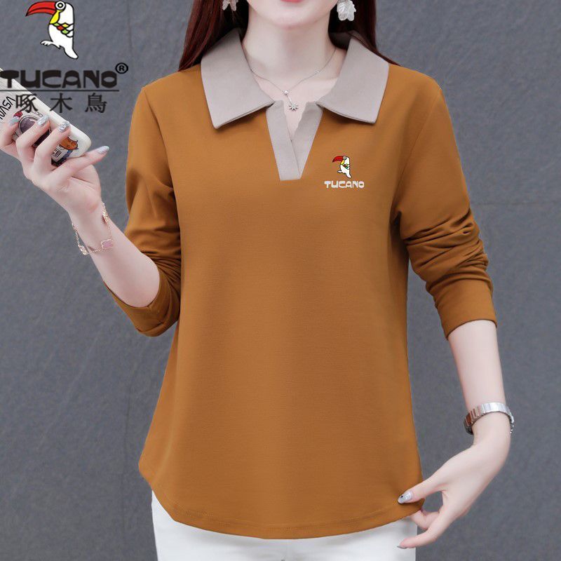 啄木鸟卫衣女春秋2023新款中年妈妈休闲时尚polo领上衣女装打底衫