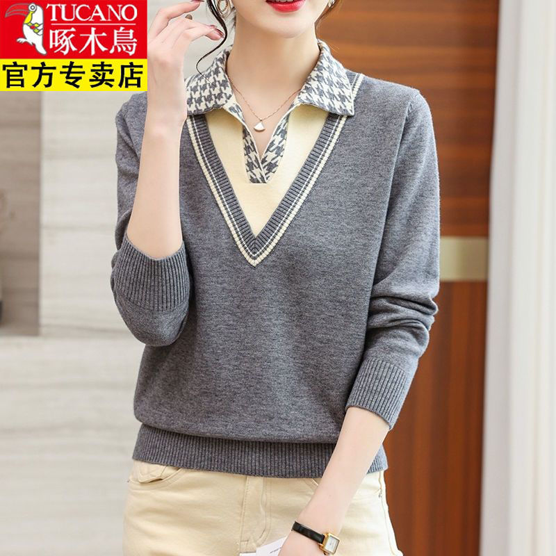 啄木鸟大码羊毛女装宽松翻领打底衫2023年春秋新款洋气假两件上衣