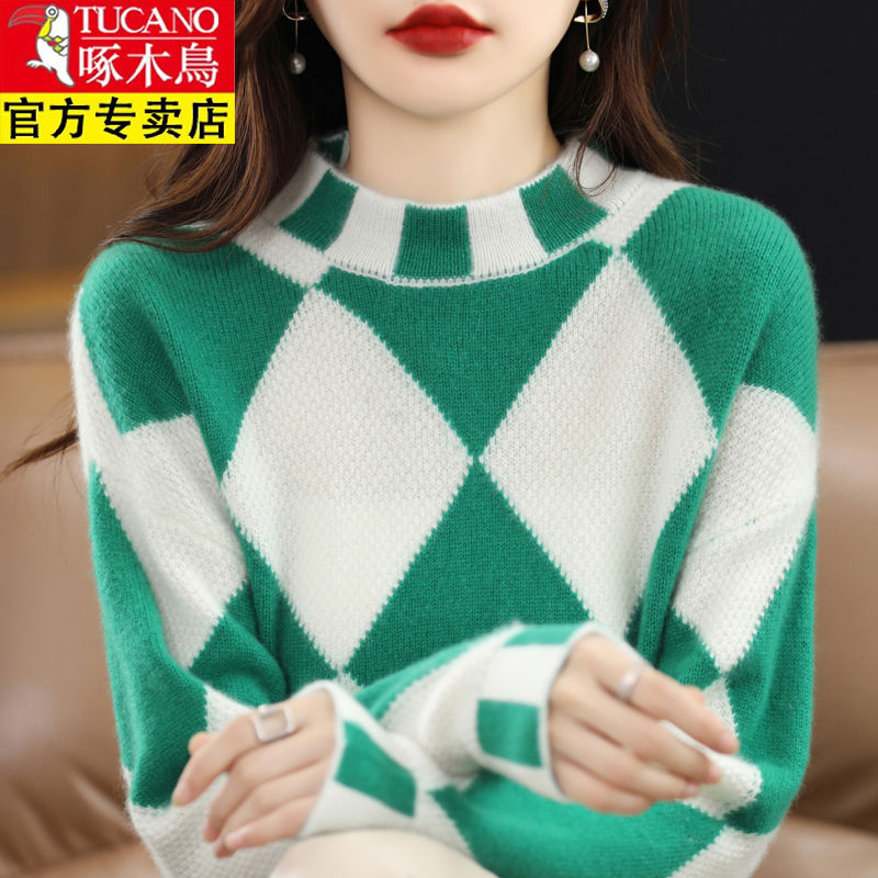 啄木鸟撞色菱形格羊毛衫毛衣女半高领宽松套头羊绒衫针织打底上衣