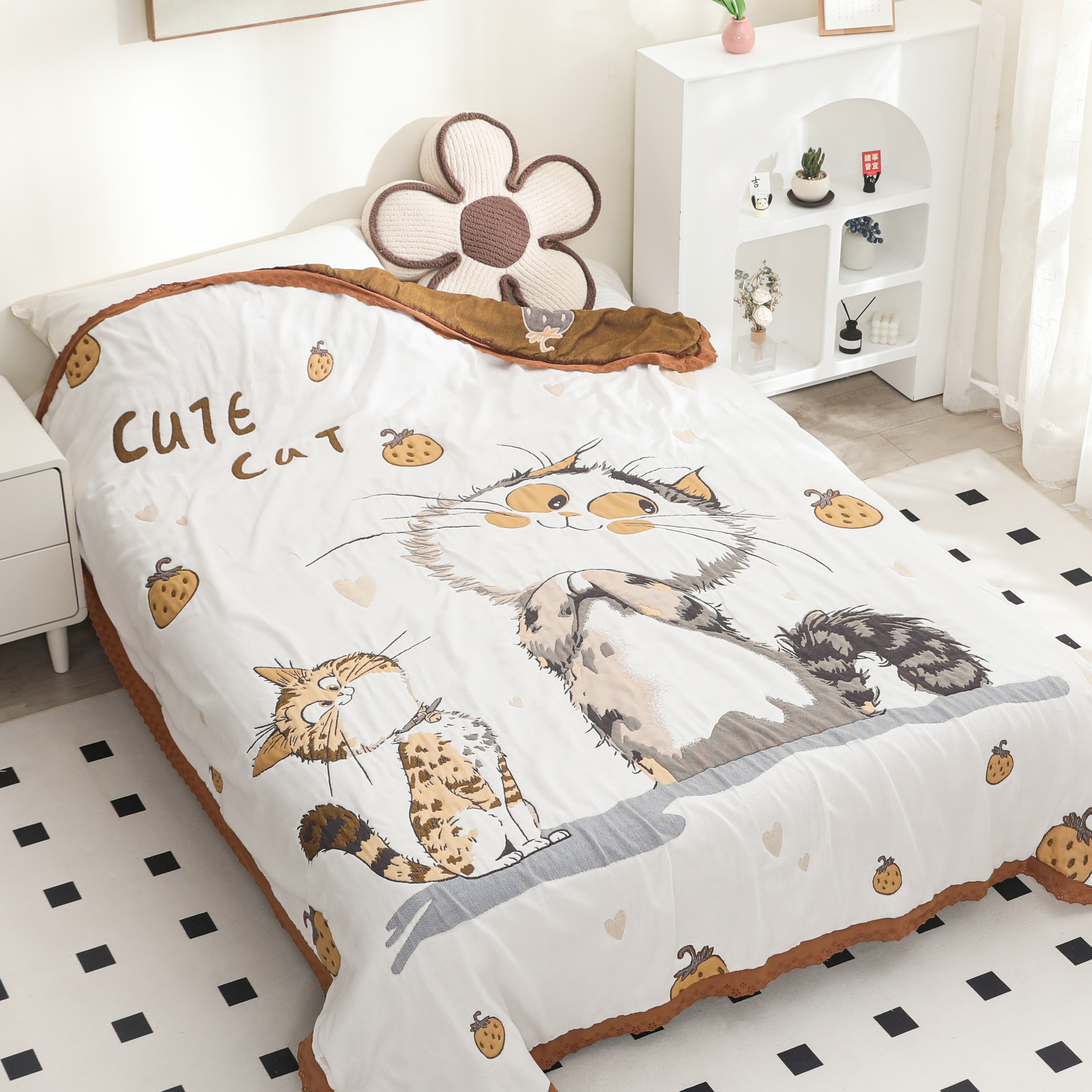 【草莓猫咪】云朵纱泡芙被150*200cm秋冬款纯棉盖毯加厚家用睡毯