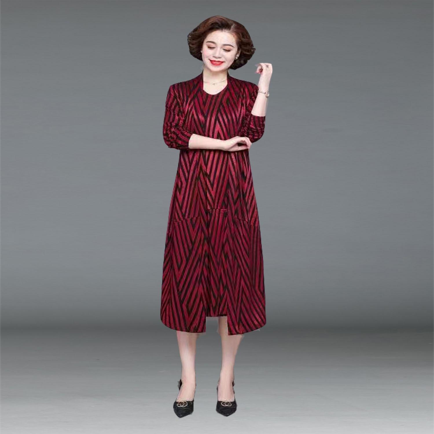 中年女装秋装中长款真两件套加肥加大码连衣裙中老年妈妈高端套装