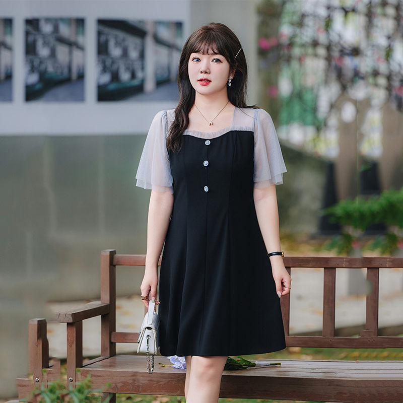 2024夏装大码新款法式复古款式收腰连衣裙宽松网纱拼接胖MM小黑裙